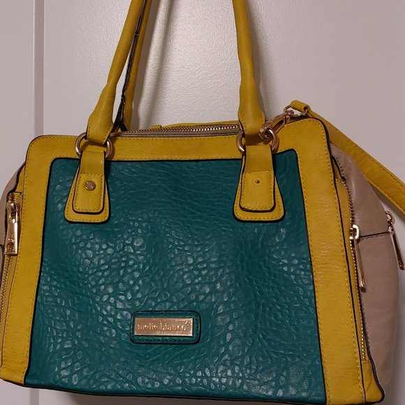 MELIE BIANCO "Leslie" Vegan Leather Handbag - Green/Yellow/Beige - Size Medium - Picture 1 of 10